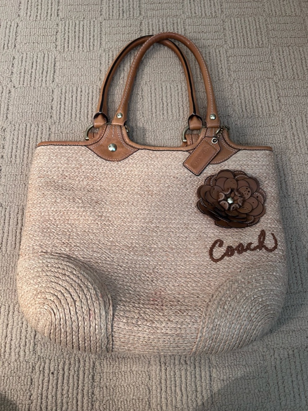COACH Beige Straw Tote with Brown Leather Trim and Flower Accent
